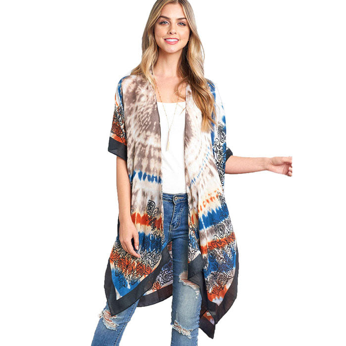 Purple Tie Dye Boho Printed Cover Up Kimono Poncho, The lightweight poncho top is made of soft and breathable Polyester material. short sleeve swimsuit cover up with open front design, simple basic style, easy to put on and down. Perfect Gift for Wife, Mom, Birthday, Holiday, Anniversary, Fun Night Ou