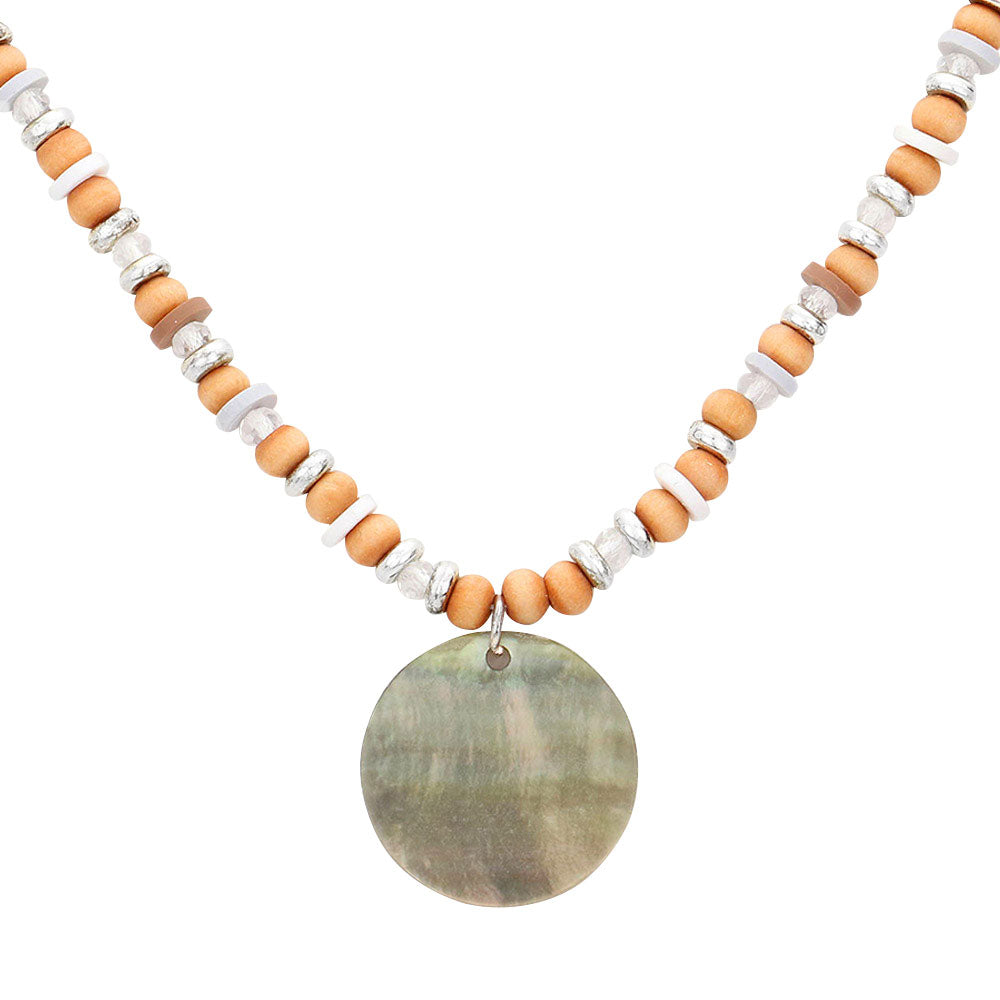Neutral Wood Heishi Beaded Abalone Pendant Necklace, Add this simple Beaded Abalone Pendant necklace to any look for a hint of bling! delicately polished necklace will enhance your look, versatile enough for wearing straight through the week, coordinate with any ensemble from business casual to everyday wear, the perfect addition to every outfit.