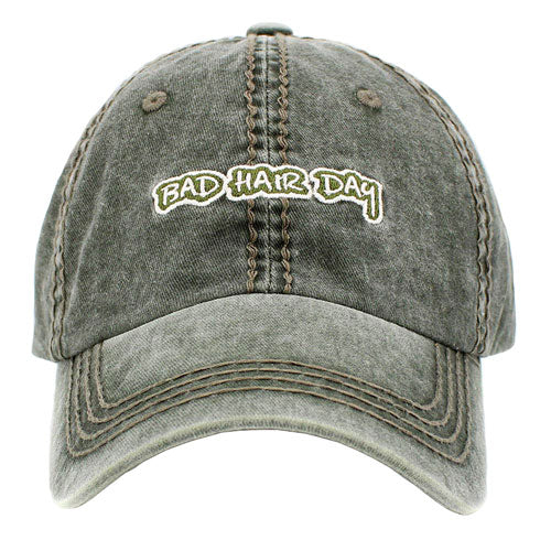 Olive Green  BAD HAIR DAY Vintage Baseball Cap. Fun cool message themed vintage baseball cap. Perfect for walks in sun, great for a bad hair day. The distressed frayed style with faded color gives it an awesome vintage look. Soft textured, embroidered message with fun statement will become your favorite cap.