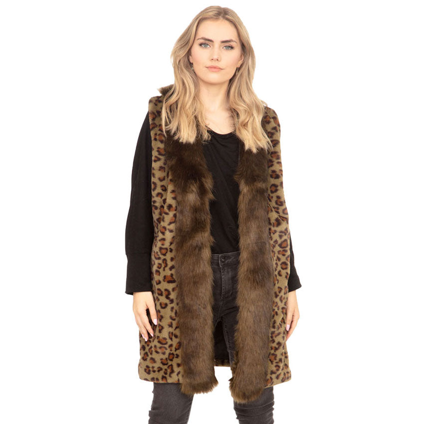Olive Green Fall Winter Leopard Patterned Faux Fur Trim Vest, the perfect accessory, luxurious, trendy, super soft chic capelet, keeps you warm and toasty. You can throw it on over so many pieces elevating any casual outfit! Perfect Gift for Wife, Mom, Birthday, Holiday, Christmas, Anniversary, Fun Night Out