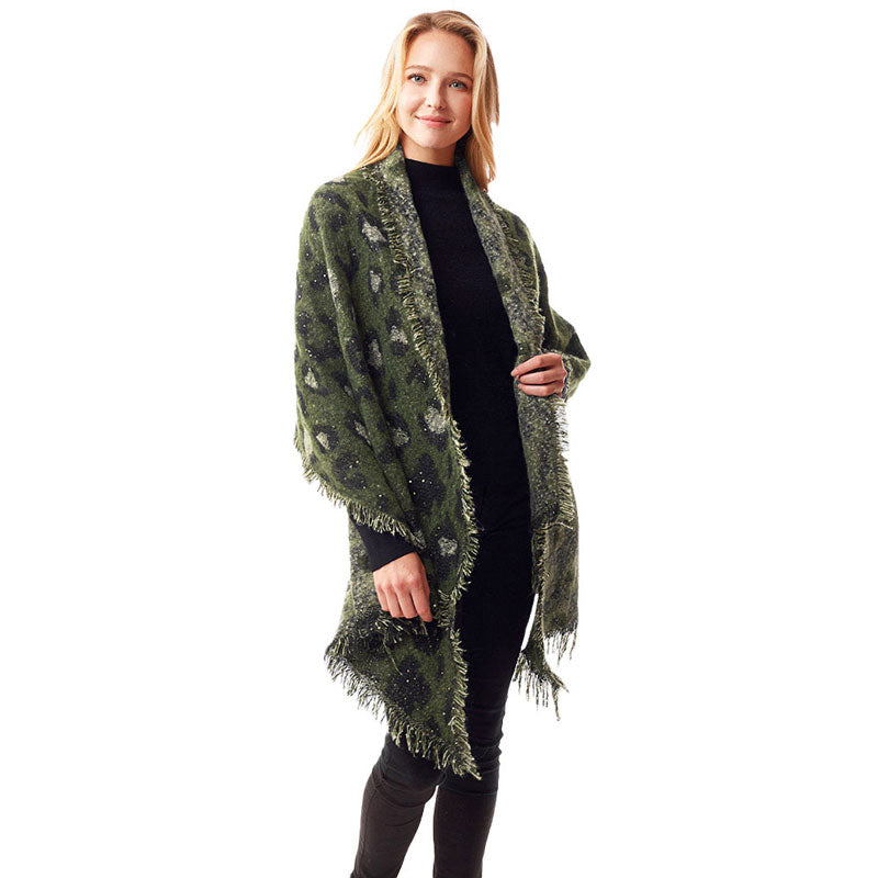 Olive Green Fall Winter Leopard Patterned Spangled Shawl, the perfect accessory, luxurious, trendy, super soft chic capelet, keeps you warm and toasty. You can throw it on over so many pieces elevating any casual outfit! Perfect Gift for Wife, Mom, Birthday, Holiday, Christmas, Anniversary, Fun Night Out