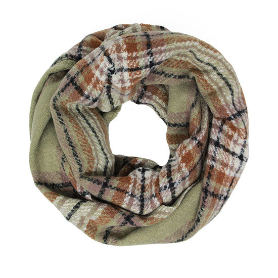 Olive Green Fall Winter Plaid Check Infinity Scarf, Accent your look with this soft, highly versatile scarf. Great for daily wear in the cold winter to protect you against chill, classic infinity-style scarf & amps up the glamour with plush material that feels amazing snuggled up against your cheeks.