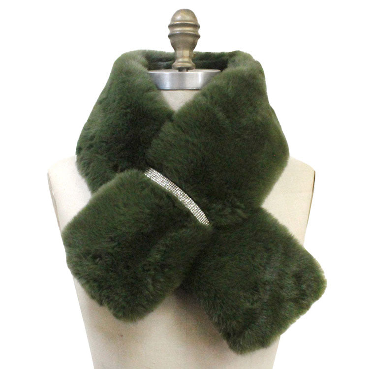 Olive Green Fall Winter Trendy Faux Fur Bling Pull Through Scarf, delicate, warm, on trend & fabulous, a luxe addition to any cold-weather ensemble. Great for daily wear in the cold winter to protect you against chill, classic infinity-style scarf & amps up the glamour with plush material that feels amazing snuggled up against your cheeks.