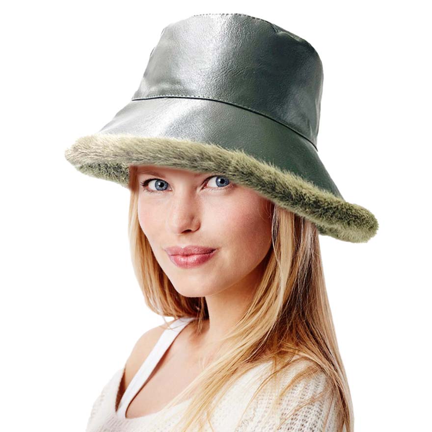 Olive Green Faux Fur Inside Brim Solid Bucket Hat, This solid Faux Fur bucket hat is nicely designed and a great addition to your attire. Have fun and look stylish anywhere outdoors. Great for covering up when you are having a bad hair day. Perfect for protecting you from the wind, snow & cold at the beach, pool, camping, or any outdoor activities in cold weather. This classic style is lightweight and practical and perfect for all occasions