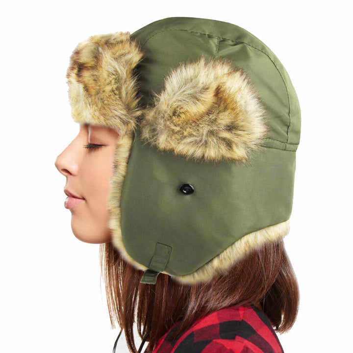 Olive Green Faux Fur Trimmed Solid Trapper Hat Soft Faux Fur Hat Warm Fleece Lined Hat very comfortable winter hat is so soft, it’s plush Ear Flaps will keep you oh so warm, the faux fur lining keeps you toasty in the coldest weather. A cold winter must have! Perfect Gift Birthday, Christmas, Holiday, Anniversary, etc.