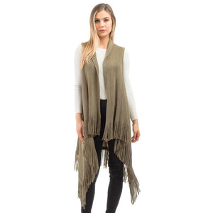Olive Green Knit Design Solid Fringe Detailed Tassel Accented Knit Poncho Outwear Ruana Cape Vest, the perfect accessory, luxurious, trendy, super soft chic capelet, keeps you warm and toasty. You can throw it on over so many pieces elevating any casual outfit! Perfect Gift for Wife, Mom, Birthday, Holiday, Christmas, Anniversary, Fun Night Out