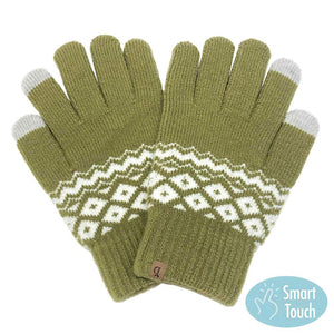 Olive Green Geometric Patterned Knit Smart Gloves, Before running out the door into the cool air, you’ll want to reach for these toasty gloves to keep your hands incredibly warm. Accessorize the fun way with these fashionable gloves, it's the autumnal touch you need to finish your outfit in style. Awesome winter gift accessory!