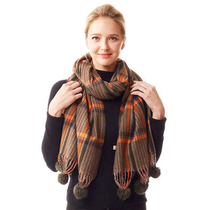 Olive Green Plaid Check Patterned Pom Pom Oblong Scarf, accent your look with this soft, highly versatile plaid scarf. A rugged staple brings a classic look, adds a pop of color & completes your outfit, keeping you cozy & toasty. Perfect Gift Birthday, Holiday, Christmas, Anniversary, Valentine's Day