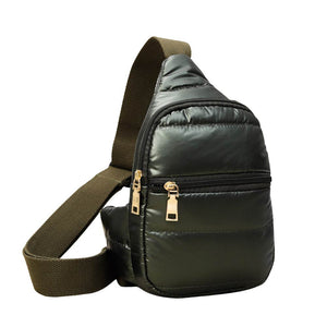Olive Solid Puffer Mini Sling Bag, be the ultimate fashionista while carrying this Solid Puffer Sling bag in style. It's great for carrying small and handy things. Keep your keys handy & ready for opening doors as soon as you arrive. The adjustable lightweight features room to carry what you need for long walks or trips.