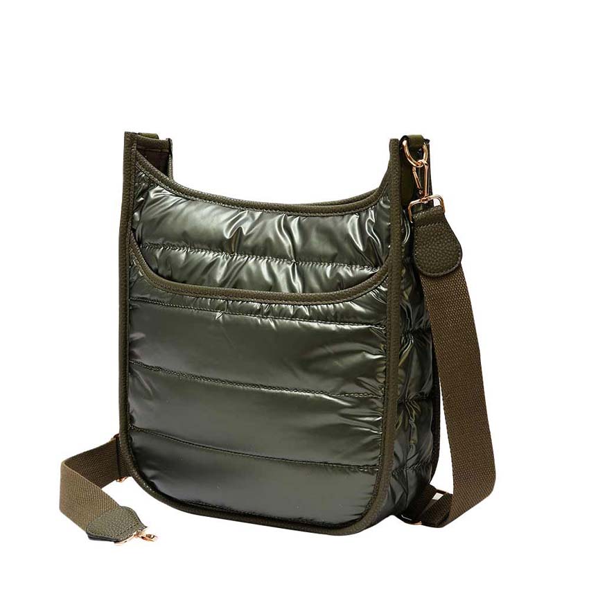 Olive Green Solid Quilted Shiny Puffer Crossbody Bag, Complete the look of any outfit on all occasions with this Shiny Puffer Crossbody. It offers enough room for your essentials. With a One Inside Zipper Pocket, three two inside slip pockets and a secured Magnetic Closure at the top, this bag will be your new go to! Casual Easy style using for: Work, School, Excursion, Going out, Shopping, Party, etc.