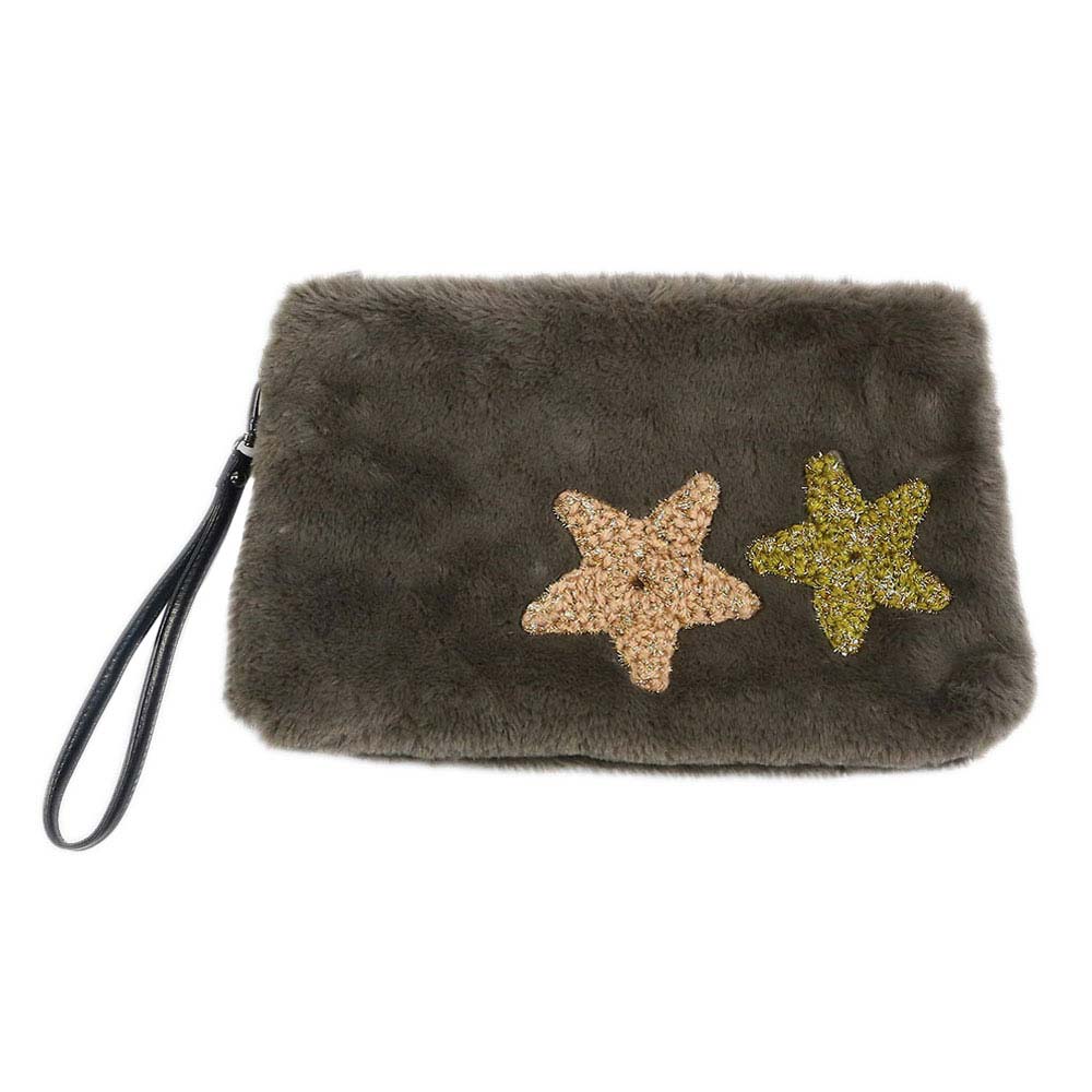 Olive Green Star Patches Fuzzy Faux Fur Wristlet Clutch Bag, It looks like the ultimate fashionista while carrying this trendy faux fur Clutch bag! Different colors give you the choice to take your own. It will be your new favorite accessory to hold onto all your little necessary like - keys, card, makeups, phone, wallet etc. A caring gift for ones you care.
