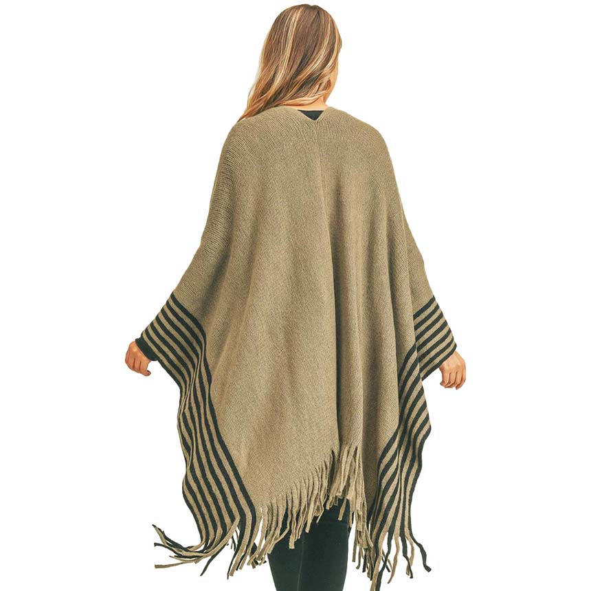 Olive Green Stripe Pattern Bottom Ruana, amps up your beauty with confidence with this beautiful bottom poncho. You can stand out with the contrast of different outfits. Snowflake patterned with beautiful design gives a unique decorative and fashionable look that makes your day with beautiful moments. Match perfectly with jeans and T-shirts or a vest. A perfect eye-catcher and will become one of your favorite accessories quickly.