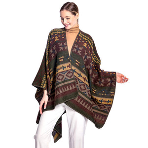 Olive Green Tribal Patterned Poncho, is attractively designed with tribal pattern that will surely amp up your beauty to make you stand out.  It will keep you perfectly warm and toasty everywhere saving you from cold and chill on the outside. It goes with every winter outfit and gives you a unique yet beautiful outlook everywhere. It ensures your upper body keeps perfectly toasty when the temperatures drop.