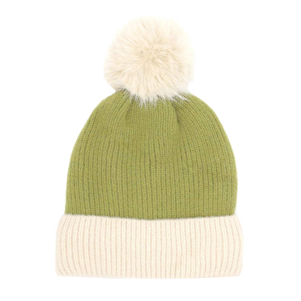 Olive Color Double Pom Beanie Women main image 4