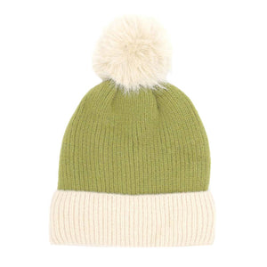 Olive Green Two Tone Knit Pompom Beanie Hat, wear this beautiful pompom Beanie Hat before running out the door into the cool air. It will keep you incredibly warm and toasty on cold days and winter. Accessorize the fun way with this beanie hat to not only get the warmth but also get compliments due to its eye-catchy look. It's the autumnal touch that you need to finish your outfit in style. Beautiful winter gift accessory!