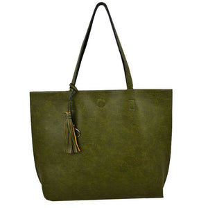 Olive Large Tote Reversible Shoulder Vegan Leather Tassel Handbag, High quality Vegan Leather is a luxurious and durable, Stay organized in style with this square-shaped shopper tote purse that is fully reversible for two contrasting interior and exterior solid colors. This vegan leather handbag includes an on-trend removable tassel embellishment. Guaranteed, This will be your go-to handbag. 