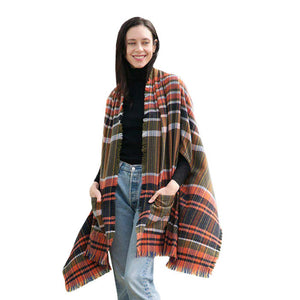 Olive Tartan Check Front Pocket Poncho, is the perfect accessory to represent your beauty with comfortability. This sophisticated, flattering, and cozy poncho drapes beautifully for a relaxed, pulled-together look. A perfect gift accessory for your friends, family, and nearest and dearest ones. Suitable for Weekend, Work, Holiday, Beach, Party, Club, Night, Evening, Date, Casual and Other Occasions in Spring, Summer, and Autumn.