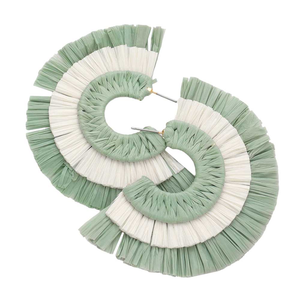 Olive Green Two Tone Raffia Half Round Earrings, enhance your attire with these beautiful raffia half-round earrings to show off your fun trendsetting style. Can be worn with any daily wear such as shirts, dresses, T-shirts, etc. These half-round earrings will garner compliments all day long. Whether day or night, on vacation, or on a date, whether you're wearing a dress or a coat, these earrings will make you look more glamorous and beautiful. 