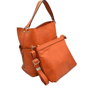 Orange 2in1 Chic Satchel Side Pocket With Long Strap Bucket Bag, This casual crossbody bucket bag is super soft Vegan leather and has convenient side pockets to carry water bottles, phones, or glasses and a removable zipper pouch. Gold hardware. Extra bag inside and strap to make it a crossbody. Perfect for carrying around your stuff, this bag is big enough for all your daily essentials. 