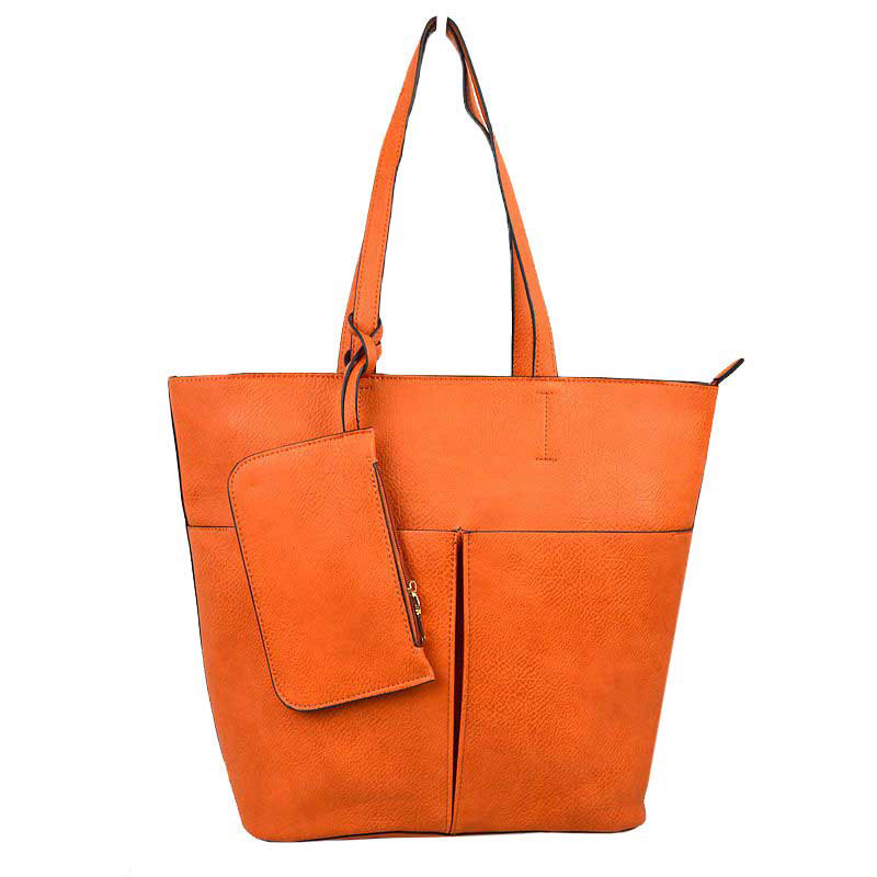 Orange 3 In 1 Large Soft  Leather Women's Tote Handbags, There's spacious and soft leather tote offers triple the styling options. Featuring a spacious profile and a removable pouch makes it an amazing everyday go-to bag. Spacious enough for carrying any and all of your outgoing essentials. The straps helps carrying this shoulder bag comfortably. Perfect as a beach bag to carry foods, drinks, big beach blanket, towels, swimsuit, toys, flip flops, sun screen and more.