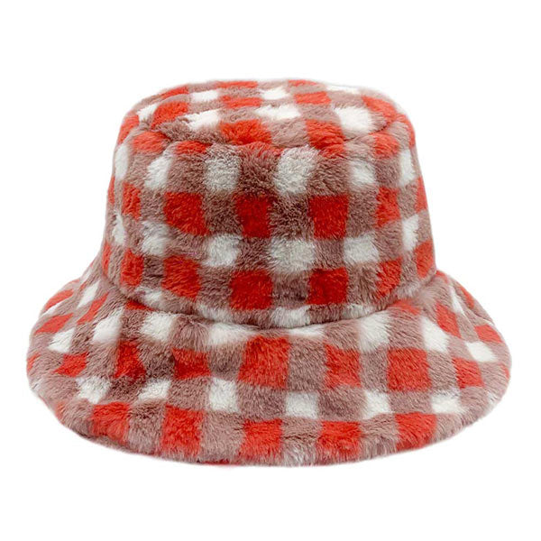 Orange Checkered Faux Fur Bucket Hat, Show your excellent choice with this chic Faux Fur Bucket Hat. Have fun and look Stylish anywhere outdoors. Great for covering up when you are having a bad hair day. Perfect for protecting you from the sun, rain, wind, snow, beach, pool, camping, or any outdoor activities. Amps up your outlook with confidence with this trendy bucket hat.