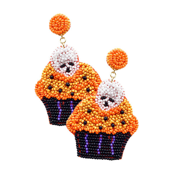 Purple Felt Back Halloween Skull Cupcake Beaded Dangle Earrings. Show your spirit with these skull cupcake dangle Halloween Earrings! Carry the spirit of Halloween with you wherever you go.The colors are vibrant and the design is a seasonal delight. This earrings can be worn for Halloween parties, cosplay, costume party, display, birthday, events, festivals, and so on, also nice for festive decorations gifts for your friend's and families.