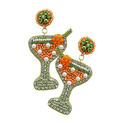 Felt Back Martini Rhinestone Pearl Beads Dangle Earrings - Orange