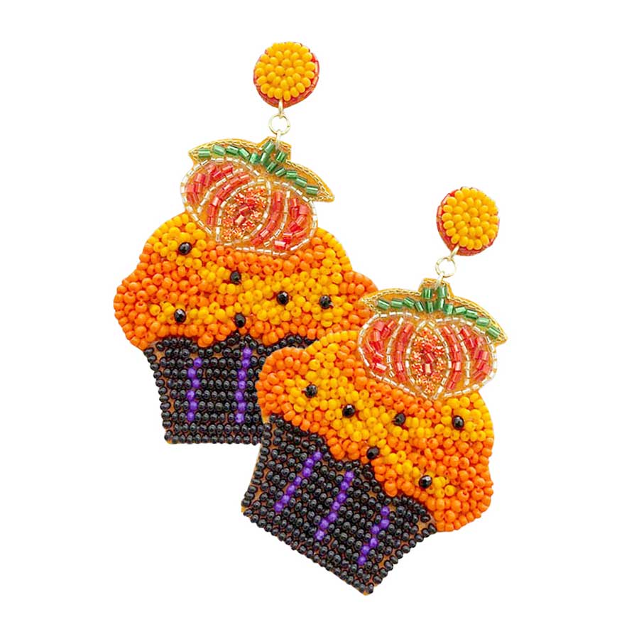 Orange Felt Back Pumpkin Muffin Beaded Dangle Earrings. Share the spirit of Halloween with Pumpkin Dangle Earrings . These earrings are just the thing you need to complete your Halloween costume! Let the spooky season begin! Happy Halloween! 