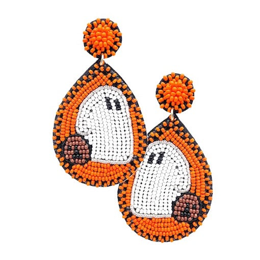 Orange Felt Back Seed Beaded Ghost Teardrop Halloween Statement Earrings, Halloween is the time of year where there is magic in the night when pumpkins glow with candlelight, we have the perfect dangle earrings to add an eerie, ghostly style to your look. Dress up & have a spook-takular time! Perfect for Halloween Night