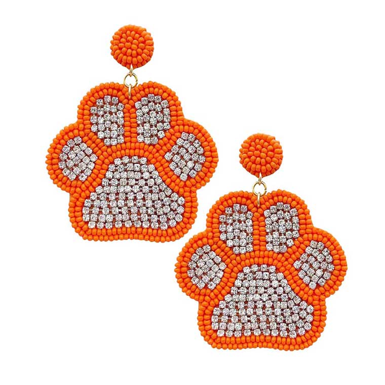 Orange Felt Back Seed Beaded Trimmed Bling Paw Dangle Earrings, Seed Beaded Trimmed Bling Paw Dangle earrings fun handcrafted jewelry that fits your lifestyle, adding a pop of pretty color. Enhance your attire with these vibrant artisanal earrings to show off your fun trendsetting style. Great gift idea for Wife, Mom, or your Loving One.