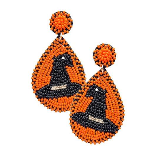 Orange Felt Back Seed Beaded Spooky Witch Hat Teardrop Halloween Earrings, Halloween is the time of year where there is magic in the night when pumpkins glow with candlelight, we have the perfect dangle earrings to add an eerie, ghostly style to your look. Dress up & have a spook-takular time! Perfect for Halloween Night