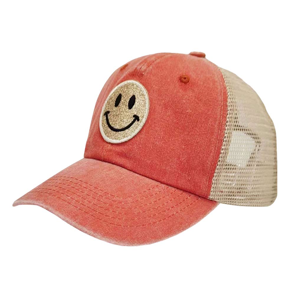 Orange Glittered Smile Patch Mesh Back Baseball Cap, features an embroidered smile face patch on the front, bringing a smile to everyone you pass by and showing your kindness to others. The pre-curved brim of the smile mesh baseball cap helps shield sunlight, keeping your face from harmful ultraviolet rays and preventing sunburn in summer. This beautiful baseball cap is comfortable to wear for a long time in hot weather. Glittered smile patch baseball cap is great for outdoor activities or indoor wear.