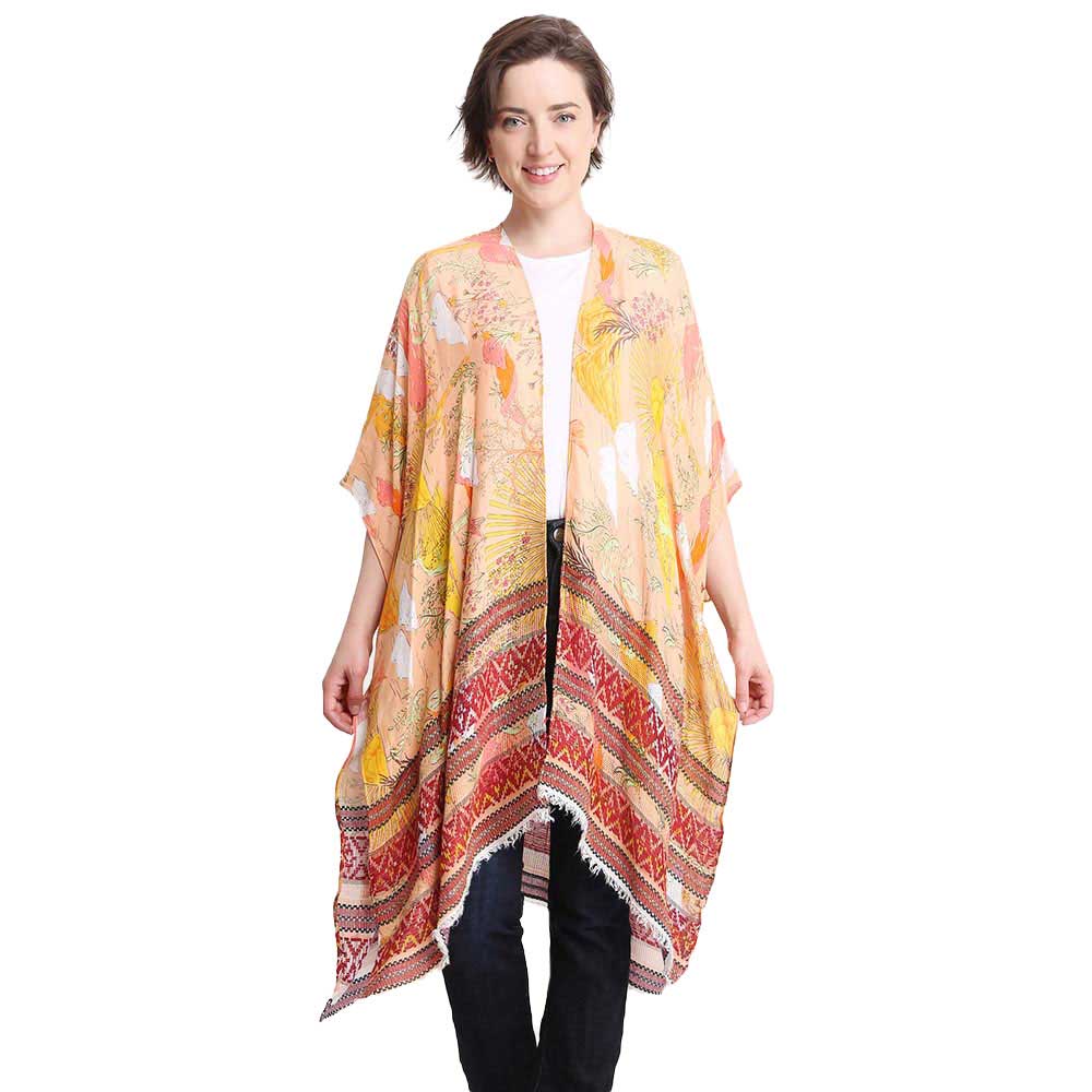 Orange Leaf Patterned Cover Up Kimono Poncho, The lightweight Long Cover Up Kimono poncho top is made of soft and breathable material. Simple basic style, easy to put on and down. Perfect Gift for Wife, Mom, Birthday, Holiday, Anniversary, Fun Night Out.