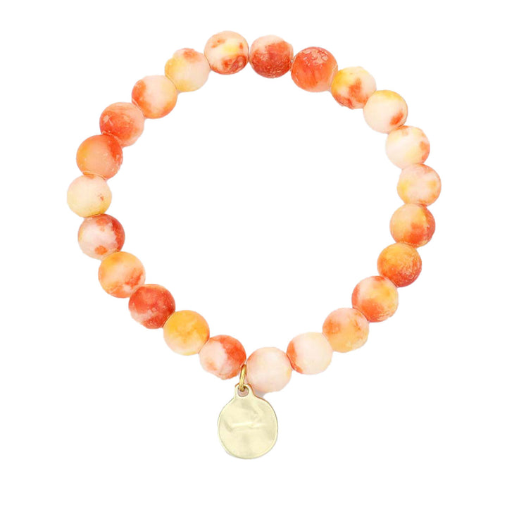 Orange Natural Stone Hammered Metal Charm Stretch Bracelet. These stretchable bracelets can light up any outfit, and make you feel absolutely flawless. Fabulous fashion and sleek style adds a pop of pretty color to your attire, coordinate with any ensemble from business casual to everyday wear. Perfect gift for your loved one