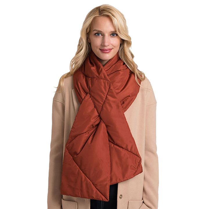 Orange Padding Oblong Pull Through Scarf, delicate, warm, on trend & fabulous, a luxe addition to any cold-weather ensemble. Great for daily wear in the cold winter to protect you against chill, classic infinity-style scarf & amps up the glamour with plush material that feels amazing snuggled up against your cheeks.