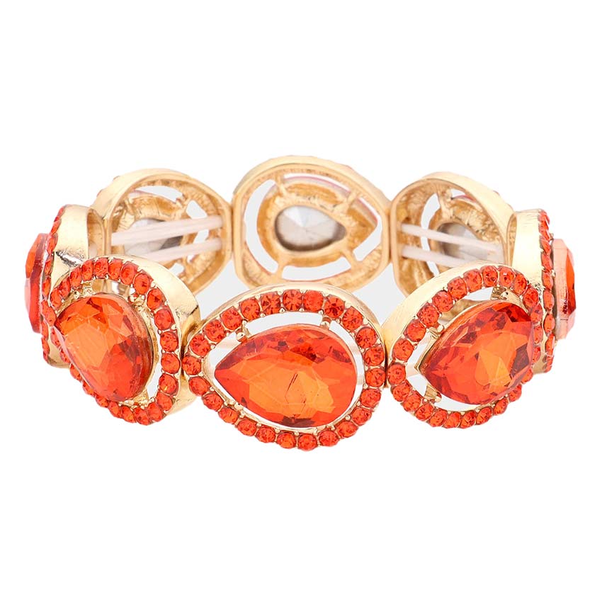 Orange Pave Teardrop Trim Glass Crystal Stretch Evening Bracelet, is a beautiful addition to your perfect choice to represent your perfect class and gorgeousness on any special occasion. Make the day special with the glowing beauty of this awesome Crystal Stretch Evening Bracelet. Wear this beauty to add a gorgeous glow to your special outfit at weddings, wedding showers, receptions, anniversaries, and other special occasions.
