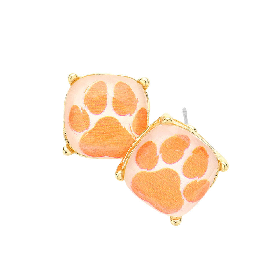 Orange Paw Accented Square Stud Earrings, Animal inspired paw stud earrings fun handcrafted jewelry that fits your lifestyle, adding a pop of pretty color. The beautifully crafted design adds a gorgeous glow to any outfit. Enhance your attire with these vibrant artisanal earrings to show off your fun trendsetting style.