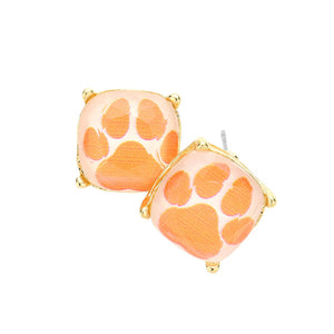 Orange Paw Accented Square Stud Earrings, Animal inspired paw stud earrings fun handcrafted jewelry that fits your lifestyle, adding a pop of pretty color. The beautifully crafted design adds a gorgeous glow to any outfit. Enhance your attire with these vibrant artisanal earrings to show off your fun trendsetting style.