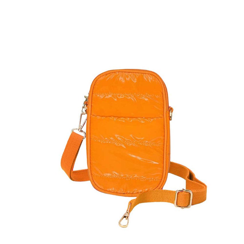 Orange Puffer Rectangle Crossbody Bag, This puffer fashion crossbody features one front slip pocket and one inside slip pocket, and a secured zipper closure at the top, this bag will be your new go-to! These beautiful and trendy Crossbody bags have adjustable and detachable hand straps that make your life more comfortable.