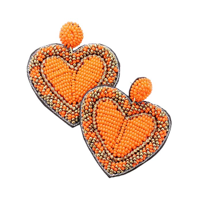 Orange Seed Bead Heart Earrings,  Wear these gorgeous earrings to make you stand out from the crowd & show your trendy choice. The beautifully crafted design adds a gorgeous glow to any outfit. Put on a pop of color to complete your ensemble in perfect style. These Heart-themed earrings are perfect for adding just the right amount of shimmer & shine. Perfect for Birthday Gifts, Anniversary gifts, Mother's Day Gifts, Graduation gifts, and Valentine's Day gifts. Stay unique & beautiful!