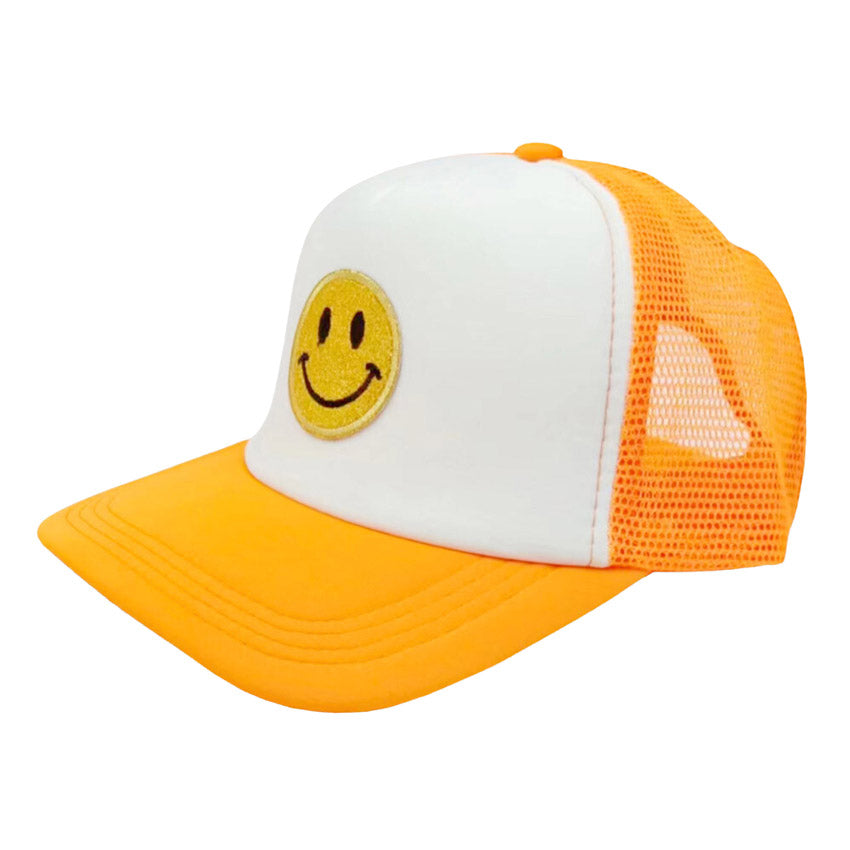 Orange Smile Accented Mesh Back Baseball Cap, features an embroidered smile face patch on the front, bringing a smile to everyone you pass by and showing your kindness to others. These are Perfect Birthday gifts, Anniversary gifts, Mother's Day gifts, Graduation gifts, Valentine's Day gifts, or any occasion.