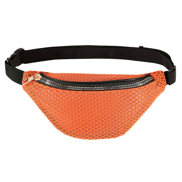 Orange Solid Mesh Fanny Pack. The adjustable lightweight mesh waist pouch features room to carry what you need for those longer walks or trips. It's also a must have for any vacation you plan on taking! The mesh net fanny pack for women could keep all your documents, Phone, Travels, Money, Cards, keys, etc in one compact place, and comfortables located within arm's reach. It can be thrown over the shoulder, across the chest around the waist.