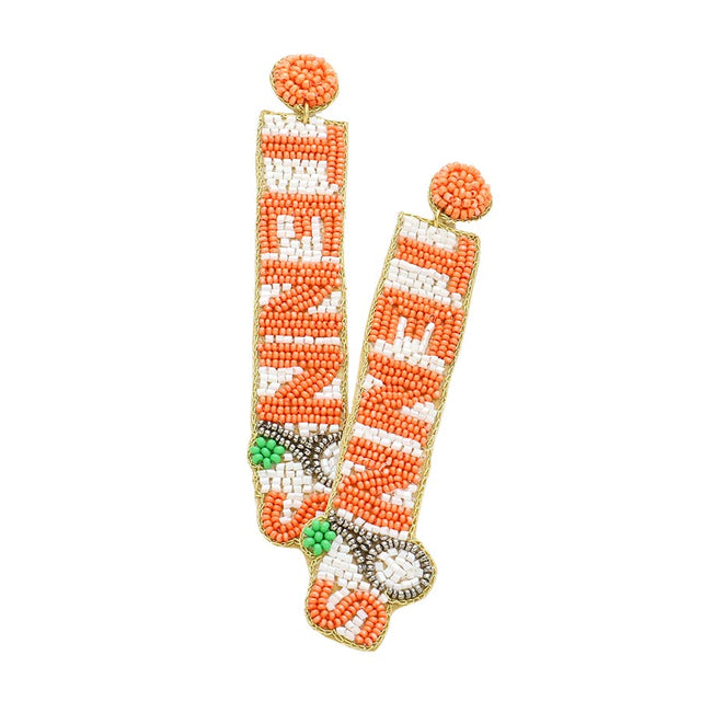 Orange TENNIS Beaded Message Dangle Earrings, these sports theme earrings show your love for the game when accessorizing your Game Day look with these uniquely beaded TENNIS dangle earrings! Dress up with your team cloth, tank, t-shirt, or any other outfit, You‚Äö√Ñ√¥ll get plenty of compliments on these fun and pretty earrings! Wear these sports earrings to support and express your love for your favorite players and teams.