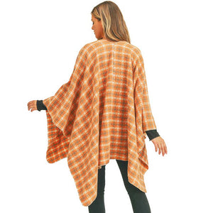 Orange Trendy Plaid Check Pattern Ruana, the perfect accessory, luxurious, trendy, super soft chic capelet, keeps you warm and toasty. You can throw it on over so many pieces elevating any casual outfit! Match well with jeans and T-shirts with these poncho ruana, Stay trendy and comfortable! Have it for your winter wardrobe with out any doubt.  Awesome winter gift accessory!