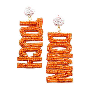 Orange White Felt Back Touch Down Message Beaded Dangle Earrings. Gift someone or yourself these ultra-chic earrings, they will take your look up a notch, these sports themed earrings versatile enough for wearing straight through the week, coordinate with any ensemble from business casual to wear, the perfect addition to every outfit. Perfect jewelry gift to expand a woman's fashion wardrobe with a modern, on trend style.