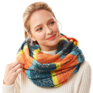 Orange Winter Acrylic Colorful Plaid Check Infinity Scarf, accent your look with this soft, highly versatile plaid scarf. A rugged staple brings a classic look, adds a pop of color & completes your outfit, keeping you cozy & toasty. Perfect Gift Birthday, Holiday, Christmas, Anniversary, Valentine's Day