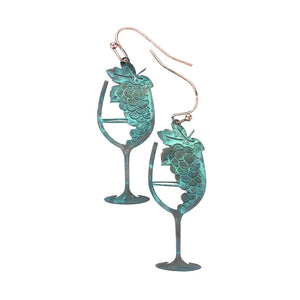 Patina Verdigris Brass Metal Grape Champagne Dangle Earrings, are beautiful and fun handcrafted jewelry that fits your lifestyle everywhere. Adds a pop of pretty color to your attire. These fruits-themed Grape Champagne earrings will be the highlight of any outfit and add a touch of whimsy to your costume jewelry collection! Enhance your attire with these vibrant artisanal earrings to show off your fun trendsetting style.