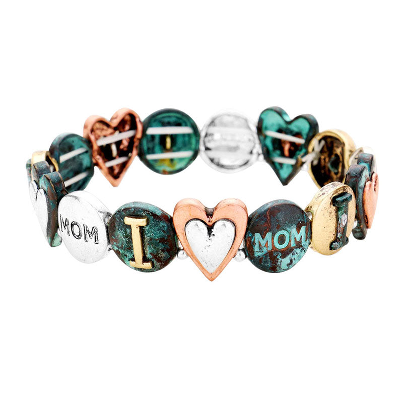 Patina Verdigris Mom Heart Embossed Metal Stretch Bracelet.  Make your mom feel special with this gorgeous stretch Bracelet gift! Her heart will swell with joy! Designed to add a gorgeous stylish glow to any outfit. Show mom how much she is appreciated & loved.  This mom's bracelet is the best appreciation gift and regards to love, sacrifice, pain and care both given and taken in playing her role of mother in the family.