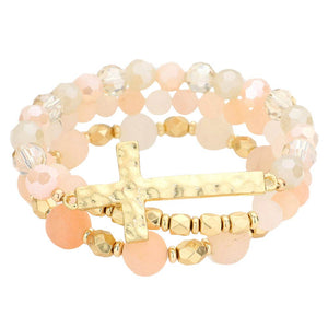 Peach 3PCS Hammered Metal Cross Pendant Beaded Layered Bracelets,  Add this 3 piece beaded layered bracelet to light up any outfit, feel absolutely flawless. Fabulous fashion and sleek style adds a pop of pretty color to your attire, coordinate with any ensemble from business casual to everyday wear. Pair these with tees and jeans and you are good to go. Perfect gift idea for Birthday, Anniversary, Prom Jewelry, Thank you Gift or any special occasion.