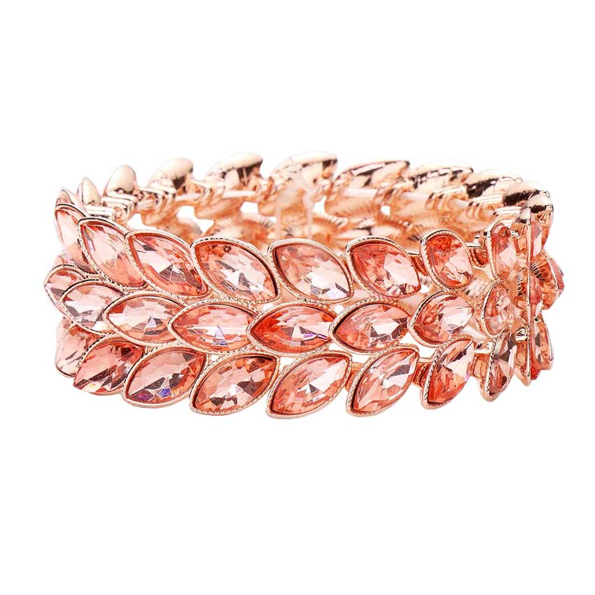 Peach 3Rows Marquise Stone Cluster Stretch Evening Bracelet, This Marquise Stretch Bracelet sparkles all around with it's surrounding round stones, stylish stretch bracelet that is easy to put on, take off and comfortable to wear. It looks modern and is just the right touch to set off LBD. Perfect jewelry to enhance your look. Awesome gift for birthday, Anniversary, Valentine’s Day or any special occasion.